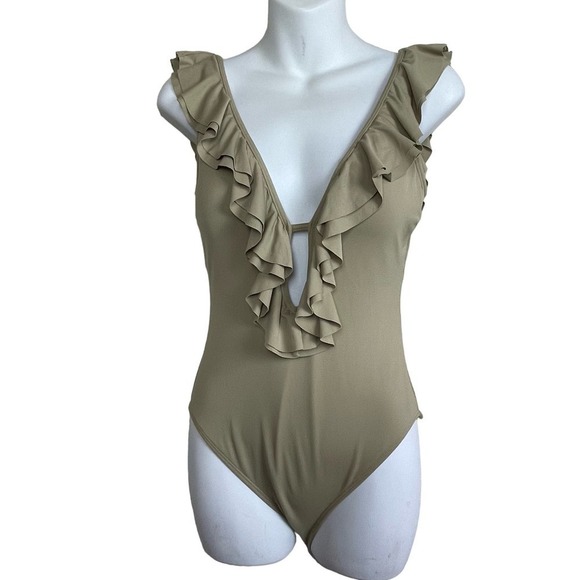 Michael Michael Kors Tan One Piece Ruffles Keyhole‎ Swimsuit Size 10 Deep V-Neck - Picture 1 of 9